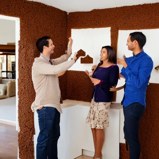 Image similar to real estate agent showing couples through the inside of houses made out of gingerbread