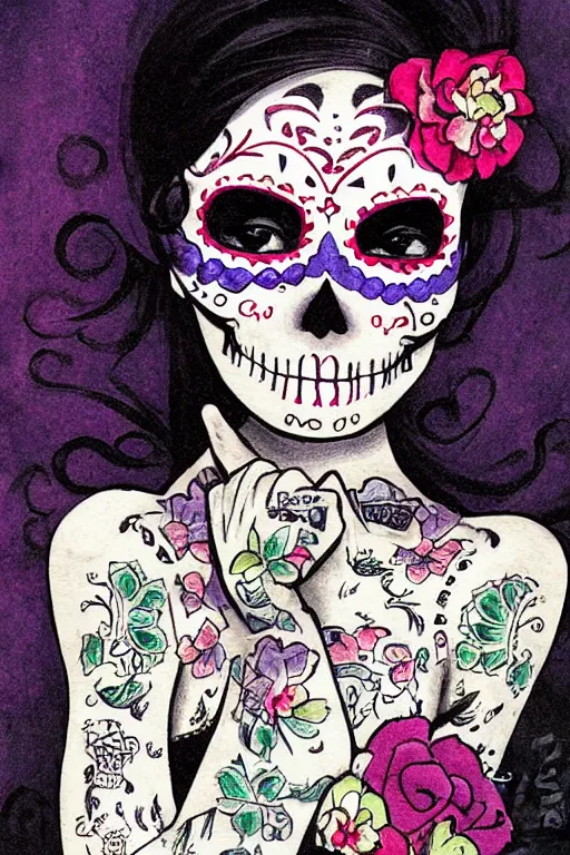 Image similar to Illustration of a sugar skull day of the dead girl, art by tsuguharu fujita