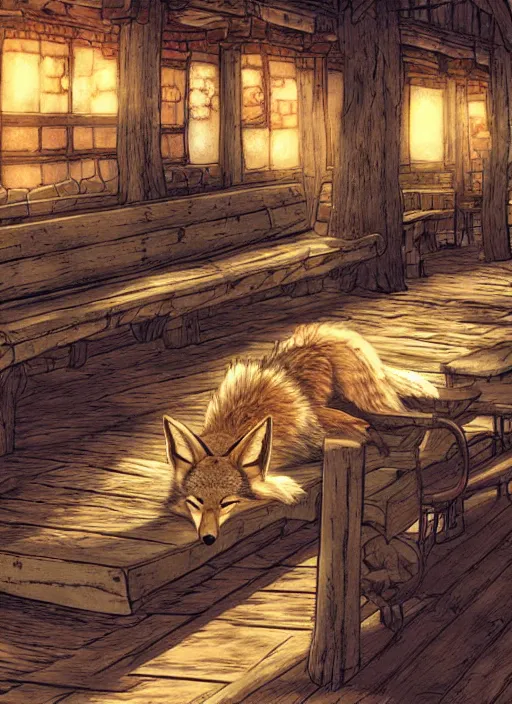 Prompt: cute coyote sleeping on a bench in a cozy tavern, hidari, color page, tankoban, 4K, tone mapping, Akihiko Yoshida.