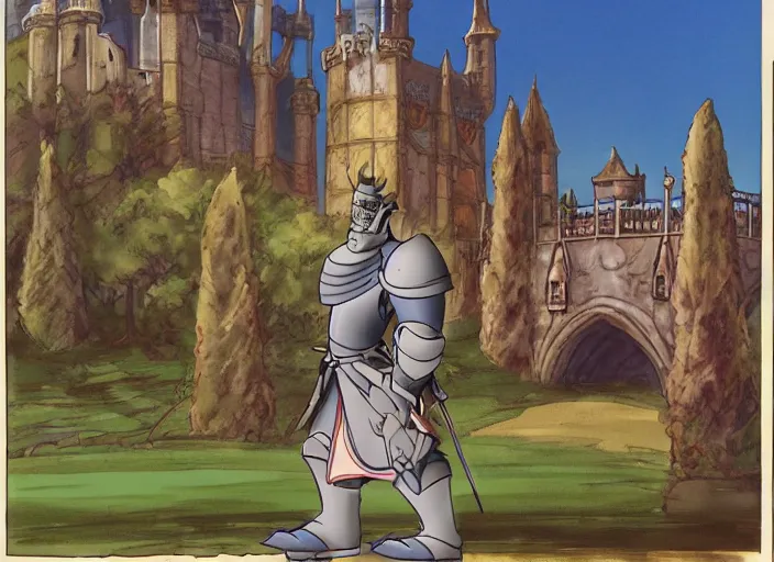 Image similar to animation key shot of a knight, gothic castle in the background, by don bluth