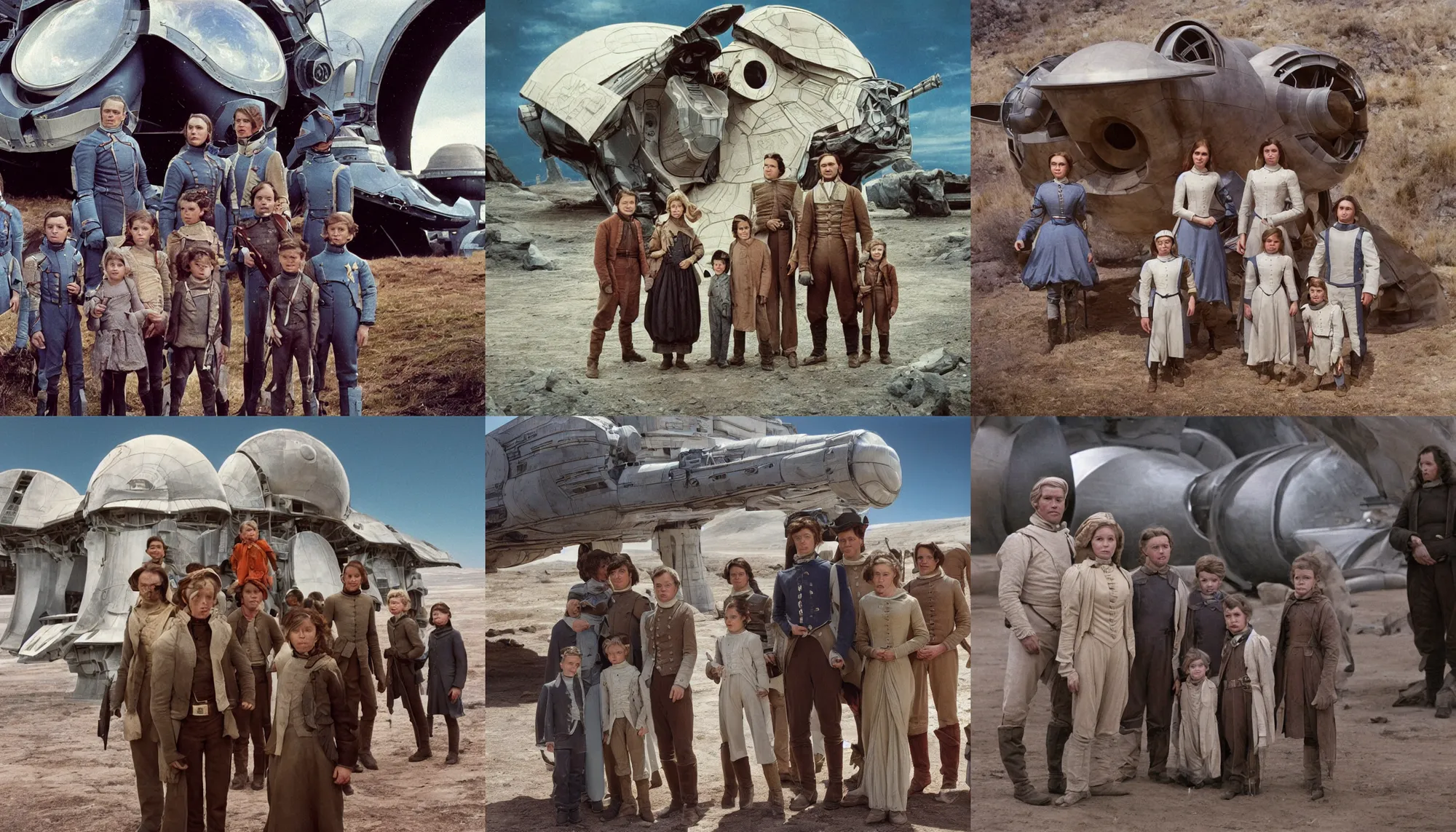 Prompt: highly detailed, 256435456k film, 7257600mm film still from a sci fi blockbuster color movie made in 2019, set in 1860, of a family standing in front of a spaceship that has just landed on an alien planet, the family are all wearing 1860s era clothes, good lighting, good photography, ultra high definition