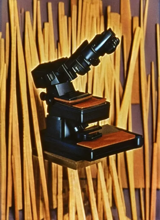 Prompt: realistic photo of a microscope made of wooden sticks 1 9 6 0, life magazine photo, natural colors, metropolitan museum, kodak