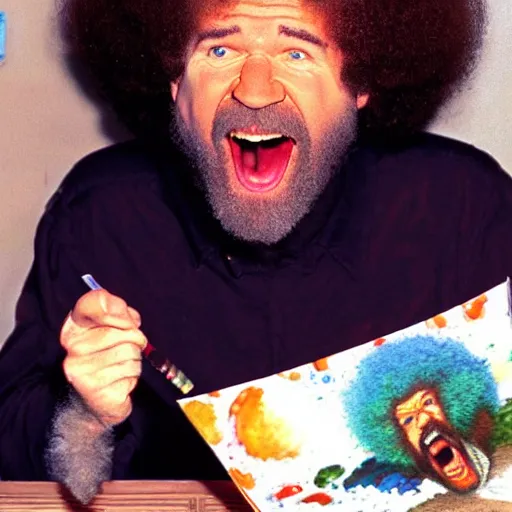 Prompt: bob ross screaming in mouth of bob ross screaming on a bad acid trip