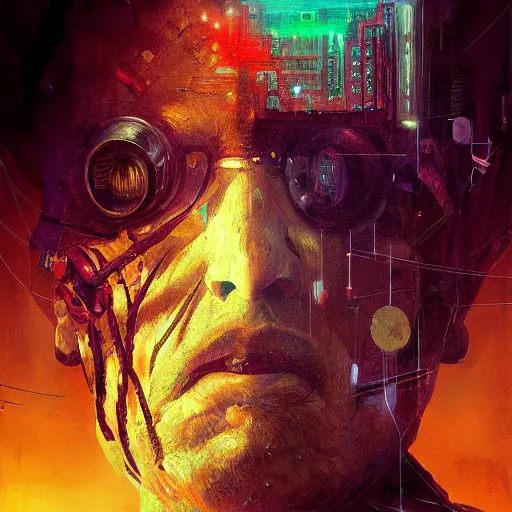 Image similar to an enigmatic and terrifying painting of a cyberpunk portrait by marc simonetti, colour, hyper detail, 8 k, one giant oak, universe, nebula, burst of colour, imaginary, roots, concept art, out of this world, depth, incredible depth