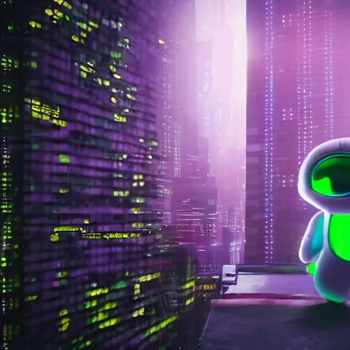 Image similar to cute fumo plush of a glowing green cyberspace hologram girl projected into a cyberpunk city, lens flare, vfx reel, vray