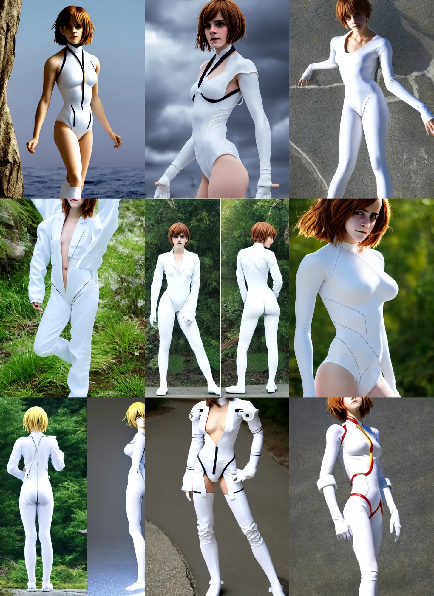 Prompt: attractive Emma Watson cosplaying as Ayanami Rei!!! in her signature white plugsuit , photorealistic perfect body , hourglass! slim figure , juicy legs , thighs focus , full body zenkai! Rei suit , solo photoshoot , DSLR , wallpaper , cosplay , full body , cinematic 4K blu-ray , japanese Evangelion live-action movie