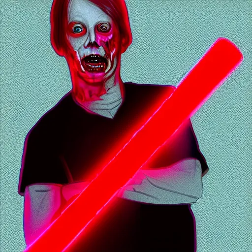 Image similar to Mark Hamil as a zombie holding a red light sabre, digital art