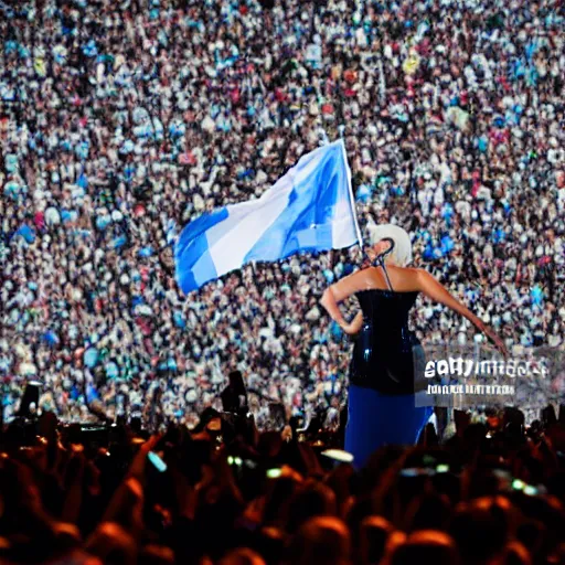 Image similar to Lady Gaga as president, Argentina presidential rally, Argentine flags behind, bokeh, giving a speech, detailed face, Argentina