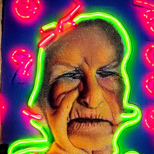 Prompt: old woman made of neon lights