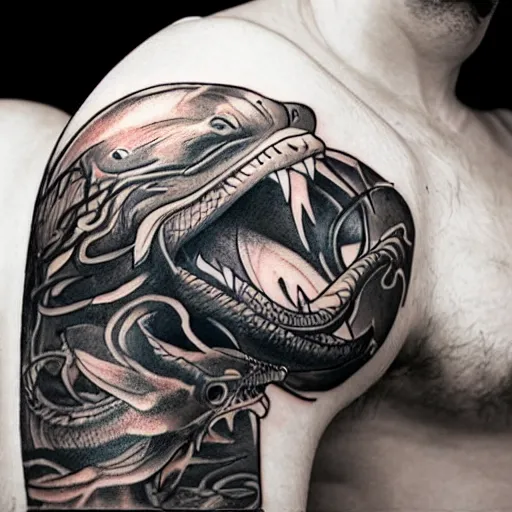 Prompt: tattoo on a man's arm of a hybrid of a dolphin and black dragon, digital art