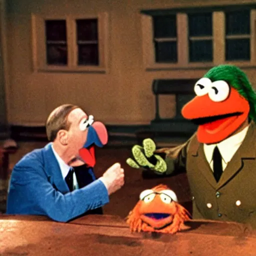 Prompt: a photograph of the muppets having a conversation with hitler,