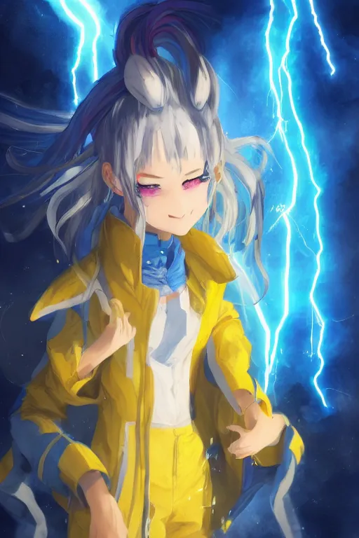 Prompt: anime young girl with yellow ponytail and blue hairtie wearing white and blue long jacket in a confident stance surrounded by lightning streaks, wlop, concept art, digital painting, trending on artstation, highly detailed, epic composition, 8 k uhd