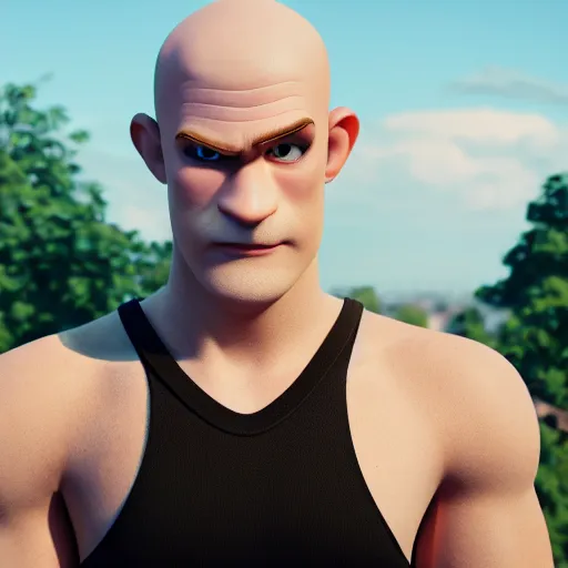 Image similar to handsome thin athletic white man with short buzzed widows peak hair, facial stubble, and eyes are blue, wearing tank top, posing outside, depicted as a Pixar character, high quality cg render, 4k