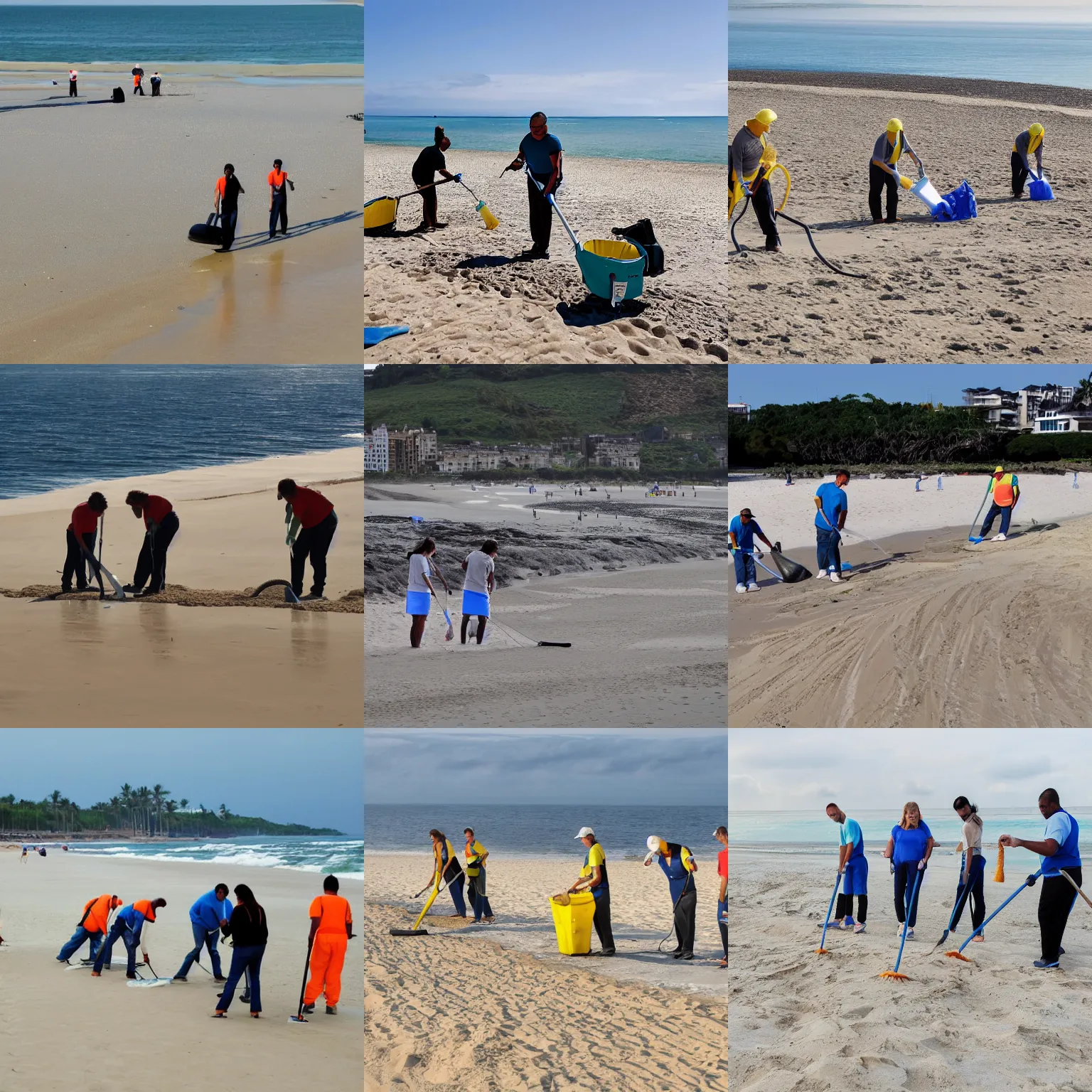 Prompt: A group of cleaners vacuuming and mopping a beach to clean the sand