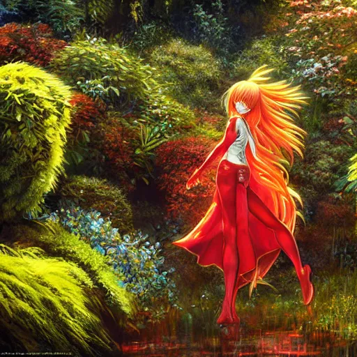 Image similar to asuka langley soryu wandering a garden by raymond swanland, highly detailed