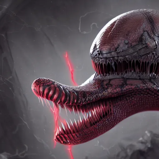 Image similar to realistic, humanoid venom alien, long slimy textured tongue, dripping saliva, mouth with a mouth with a mouth, alien eyes, fangs, thin red glowing veins, grey snake scale skin, cinematic, in a sewer, flashlight lighting, insanely detailed