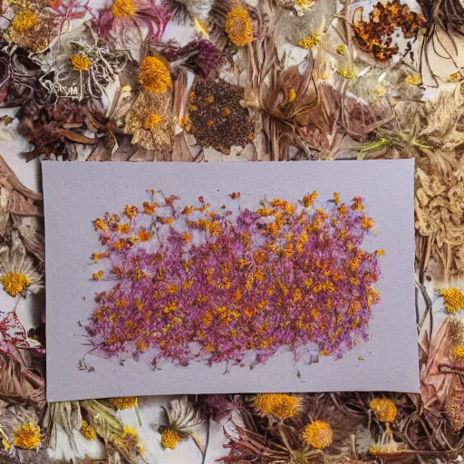 Prompt: aesthetic layout of small dried flowers in the open envelope, vintage, tender, mild colours, oil on canvas