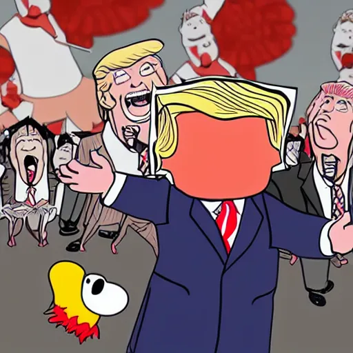 Prompt: Donald trump dancing for a deep fried turkey, cartoon