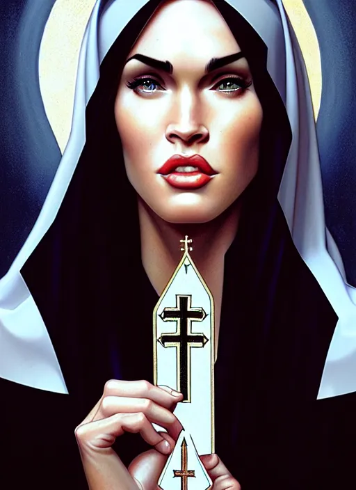 Image similar to portrait of megan fox as a nun with vampire bitemarks, catholic, church, bible, christian, intricate, headshot, highly detailed, digital painting, artstation, concept art, sharp focus, cinematic lighting, illustration, art by artgerm and greg rutkowski, alphonse mucha, cgsociety