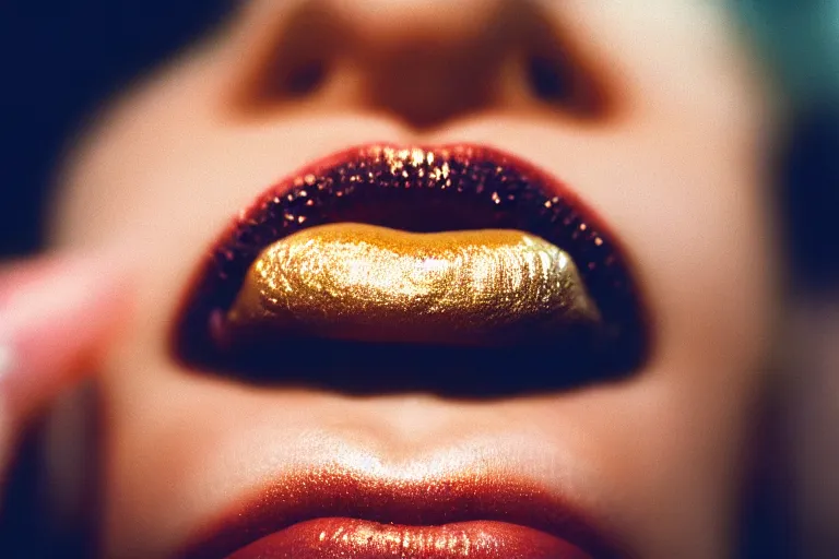 Image similar to film photography, gonzo, close-up of а woman\'s mouth with smeared lipstick , golden hour, 35mm, motion blur