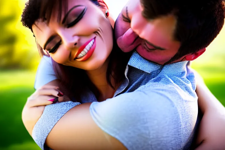 Image similar to a woman that is hugging a man