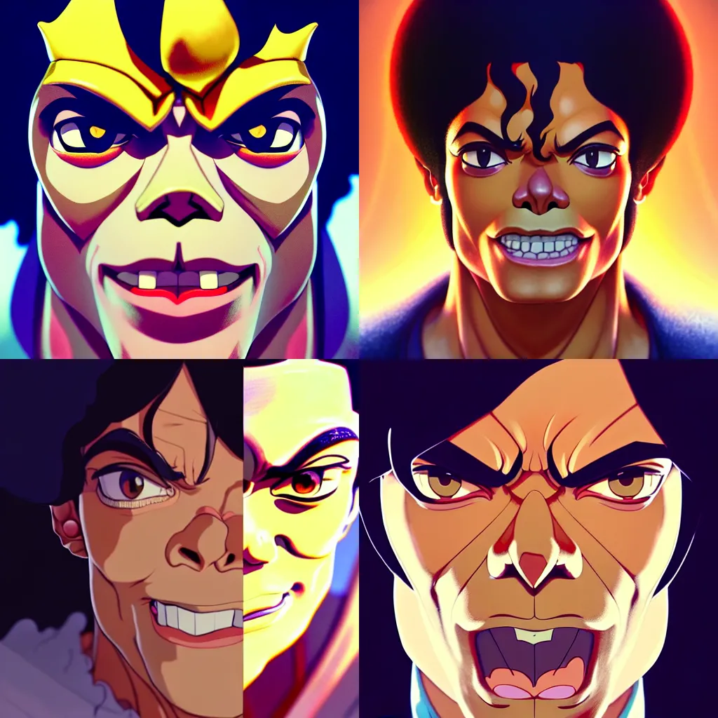 Prompt: centered!! macro portrait of medieval king muscular michael jackson, artstation, detailed cartoon, elegant, digital painting, concept art, smooth, sharp focus, illustration, ghibli, makoto shinkai, don bluth, fujita goro, jean giraud, akihiko yoshida, tom whalen 8 k