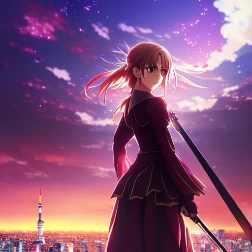 Image similar to emma watson in heavens feel movie, tokyo, ufotable, kyoani, high quality, key visual, cinematic, city background, night time, rooftop, fate stay night, unlimited blade works, greg rutkowski, high resolution, dynamic pose, extreme close up, street clothes, anime, high budget