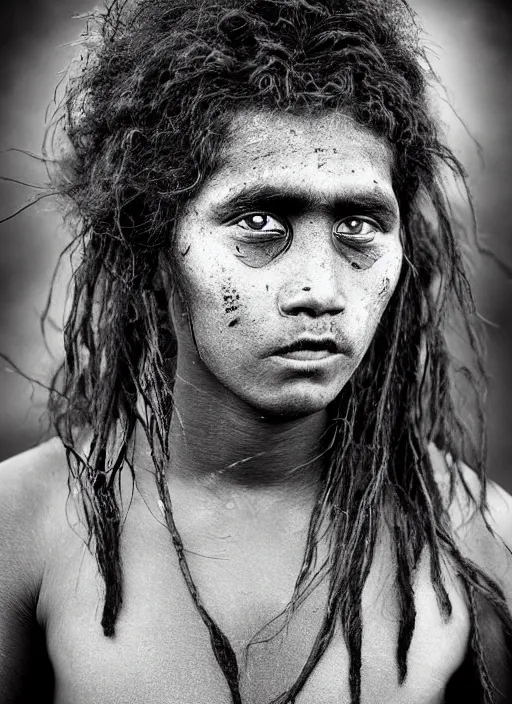 Image similar to Award winning Editorial photo of a Native Nauruans with incredible hair and beautiful hyper-detailed eyes wearing traditional garb by Lee Jeffries, 85mm ND 5, perfect lighting, gelatin silver process