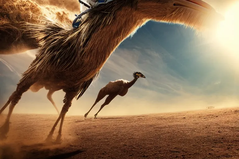 Image similar to an astronaut riding the fastest ostrich in a race, cinematic imax shot, retro, hyper detailed, windy mane, motion still