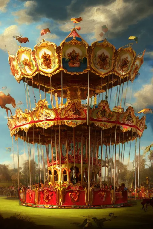 Image similar to a beautiful digital illustration painting of a fantasy carousel with painted horses by benoit b. mandelbrot, steven belledin, martin johnson heade, lee madgwick, caspar david friedrich, and david rios ferreira. 8 k resolution trending on artstation concept art digital illustration