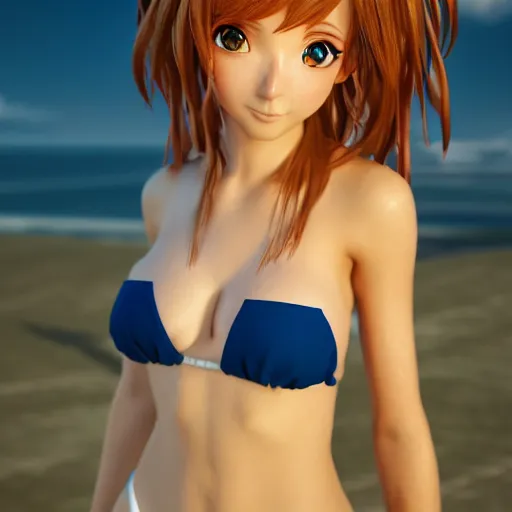 Image similar to Render of a very beautiful 3d anime girl, long hair, bikini shot, hazel eyes, cute freckles, full round face, short smile, golden hour, serene beach setting, medium shot, mid-shot, highly detailed, trending on Artstation, Unreal Engine 4k