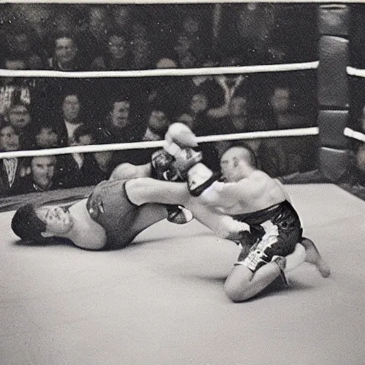 Prompt: vintage ringside photograph of a mixed martial arts fight