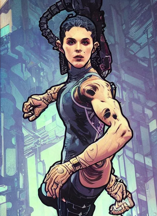 Image similar to cyberpunk gymnast. portrait by ashley wood and alphonse mucha and laurie greasley and josan gonzalez and james gurney. splinter cell, apex legends, rb 6 s, hl 2, d & d, cyberpunk 2 0 7 7. realistic face. character clothing. vivid color. dystopian setting.