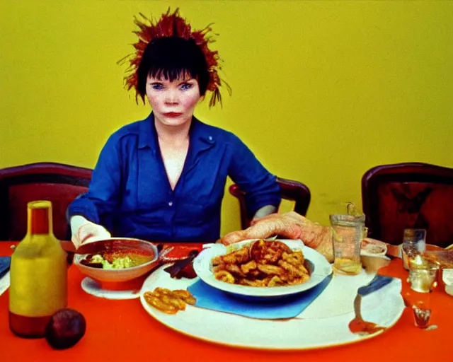 Image similar to 1 9 7 9 a soviet movie still a bjork sitting at a table with a plate of food in dark warm light, a character portrait by nadya rusheva, perfect symmetric coherent face, perfect symmetric eyes, featured on cg society, neo - fauvism, movie still, 8 k, fauvism, cinestill, bokeh, gelios lens