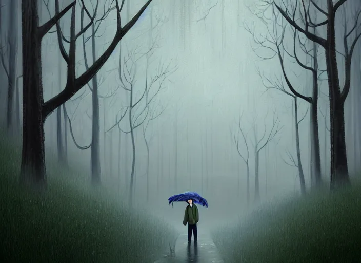 Prompt: A painting of a person standing in the rain surrounded by trees, a digital rendering by Gediminas Pranckevicius, Deviantart, digital art, 2D game art, detailed painting