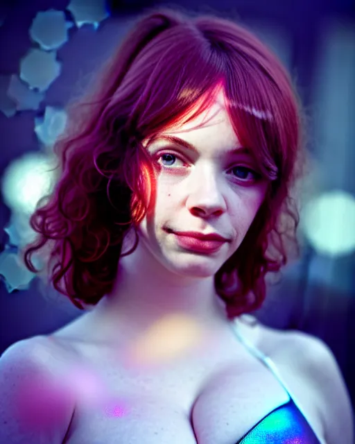 Prompt: perfectly - centered!! looking at the camera!!! full upper body photograph of young christina hendricks, sweaty, oily skin, bright lighting, godrays, intricate abstract upper body, zeiss lens, cinematic lighting, sharp focus, bokeh, smooth, filmstill, photography, hyper realism, iridescent accents