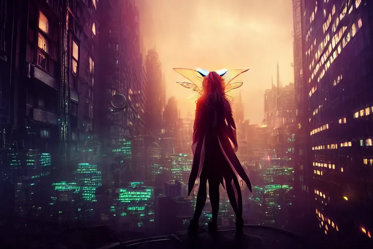 Image similar to an ultra realistic, cinematic, fantasy, headshot portrait, of an elden ring elf, fairy lights, facial features, overlooking a vast dystopian cityscape, with futuristic buildings and neon signs, detailed, deep focus, movie still, dramatic lighting, ray tracing, by michal karcz and yoshitaka amano