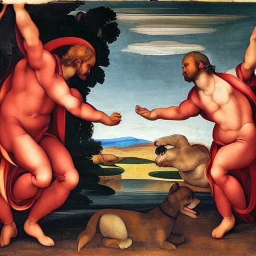 Prompt: the creation of adam by michelangelo but the people are replaced with shiba - inu dogs, renaissance painting