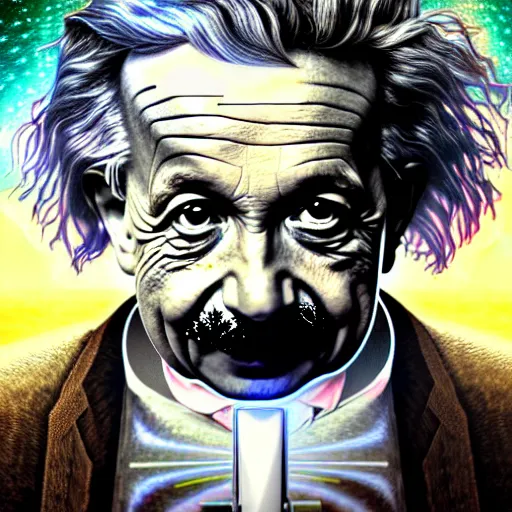 Prompt: portrait painting of albert einstein as a cyberpunk technician with a halo and devil horns, ultra realistic, concept art, intricate details, eerie, highly detailed, photorealistic, octane render, 8 k, unreal engine. art by artgerm and greg rutkowski and magali villeneuve and alphonse mucha