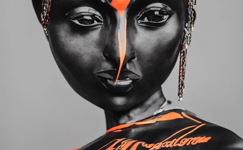 Image similar to close up portrait of extremely beautiful female black marble statue in the style of virgil abloh, colorful motocross logos behind her, sharp focus, clear, detailed,, cinematic, detailed, off white, glamourous, symmetrical, vogue, editorial, fashion, magazine shoot, glossy