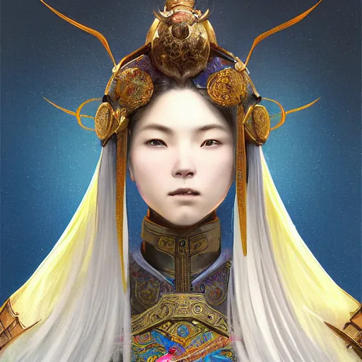 Image similar to beautiful and divine and holy and elite and colorlpunk young three kingdom chinese female armor knight portrait +shinnyy eyes+front face with light flowing hair, ultradetail face, art and illustration by tian zi and craig mullins and WLOP and alphonse mucha, fantasy, intricate complexity, human structure, human anatomy, fantasy character concept, watermark, blurry, hyperrealism 8k