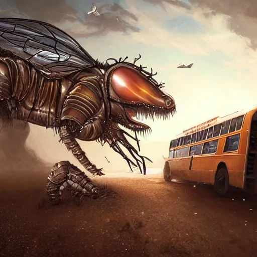 Image similar to giant horsefly monster attacking a silver school bus in the desert, ultra detailed, 8 k, greg rutkowski, artgerm, trending on artstation, award - winning art,