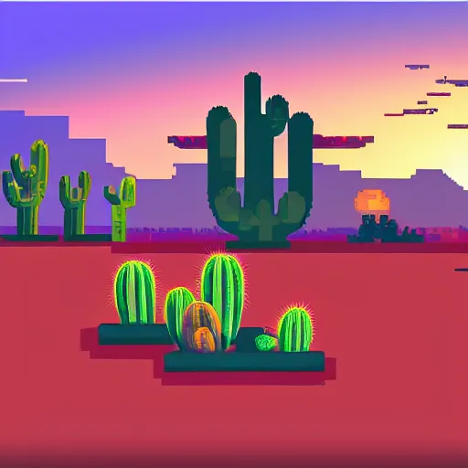 Image similar to A desert at sunset, mesa, cactus, animal skull, pixel art, artstation