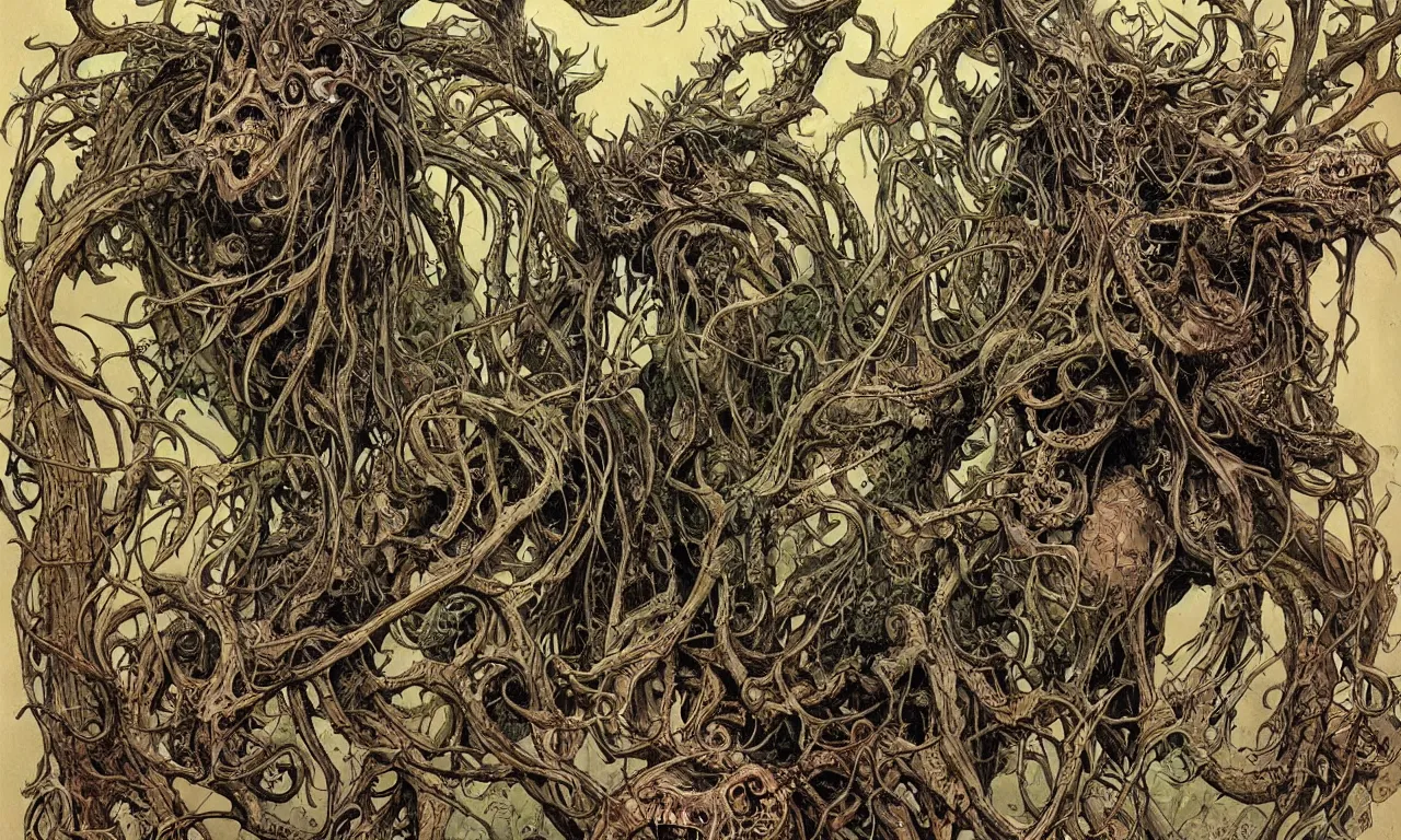 Prompt: hyperdetailed art nouveau portrait of treebeard as a cthulhu eyeball skull dragon chimera, by geof darrow, simon bisley and bill sienkiewicz, grim yet sparkling atmosphere, photorealism, claws, skeleton, antlers, fangs, forest, wild, crazy, horror, lynn varley, lovern kindzierski, steve oliff