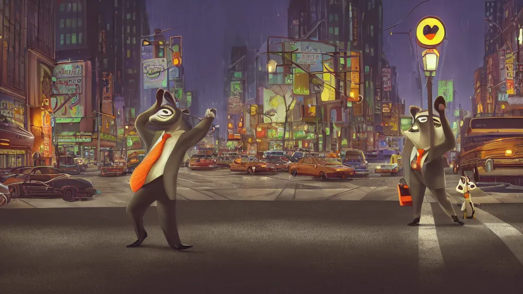 Prompt: An anthropomorphic raccoon businessman is walking down a busy crosswalk at in the rain at night, warm lighting with an orange glow blanketing the cityscape from the city lights, zootopia, other anthropomorphic characters are walking by him, extremely detailed, HDR, sideview, solemn and moody, many cars and animal people in the background, detailed face and eyes, large and detailed eyes with visible pupils, the road is wet with many rain puddles, reflections from the water on the ground