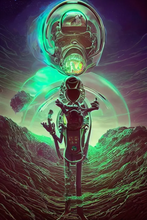 Prompt: rick and morty fused with lovecraft and vader helmet and dune, realistic portrait, high intricate details, by vincent di fate, artgerm julie bell beeple, 90s, Smooth gradients, octane render, 8k, volumetric lightning, photo, High contrast, duo tone, depth of field, very coherent symmetrical artwork