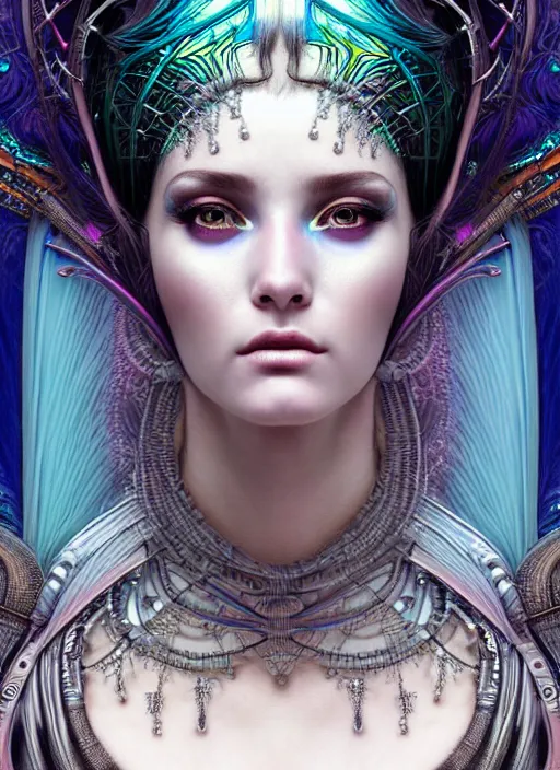 Image similar to hyperrealistic detailed portrait of a beautiful goddess in an iridescent cyber headdress, intricate cyberpunk make - up, art by android jones, john william godward, nekro borja, alphonso mucha, h. r. giger, ornamental gothic - cyberpunk,