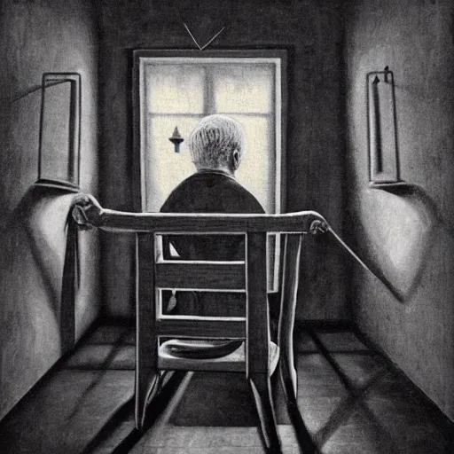 Image similar to angry old man in chair inside a dark house, surrealism