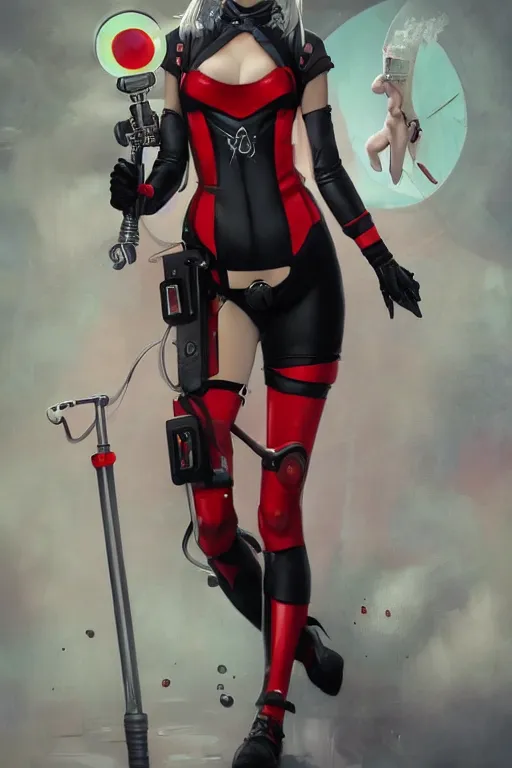 Prompt: cute covid - 1 9 nurse girl holding a syringe, wearing bikini nurse armor, black and white and red catsuit, cyberpunk, dc comics, gothic, by tom bagshaw and alphonse mucha and moebius and artgerm and and greg rutkowski and hajime soriyama, ultra detailed, hyper realistic, octane render, trending on artstation