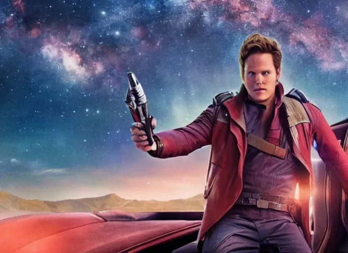 Image similar to a very high resolution image from a new movie, starlord. inside of a car. mountains, falling stars, directed by wes anderson